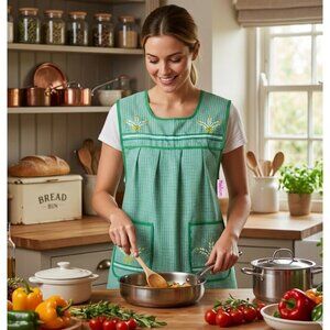 Vintage  Mandil Green Checkered Embroidered Kitchen Apron With Pockets Medium